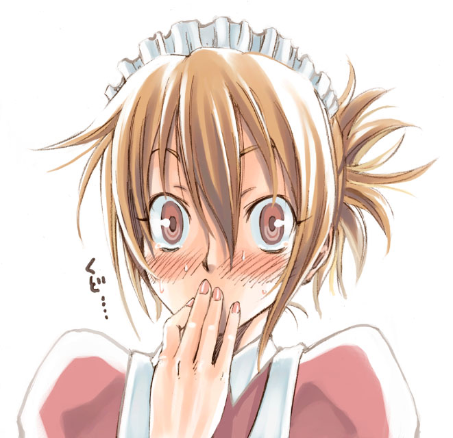 kudoi, futaba channel, nijiura maids, 1girl, blush, brown eyes, brown hair, female focus, hand over mouth, looking at viewer, maid, maid headdress, nail polish, short hair, simple background, solo, surprised, white background