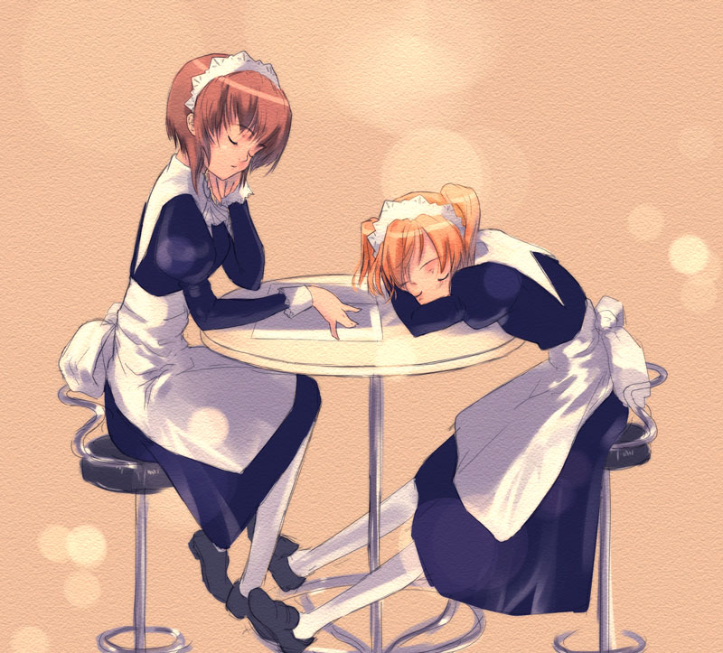 refeia, original, 2girls, bar stool, brown hair, closed eyes, maid, maid headdress, multiple girls, orange hair, pantyhose, short hair, sitting, sleeping, sleepy, stool, table, twintails