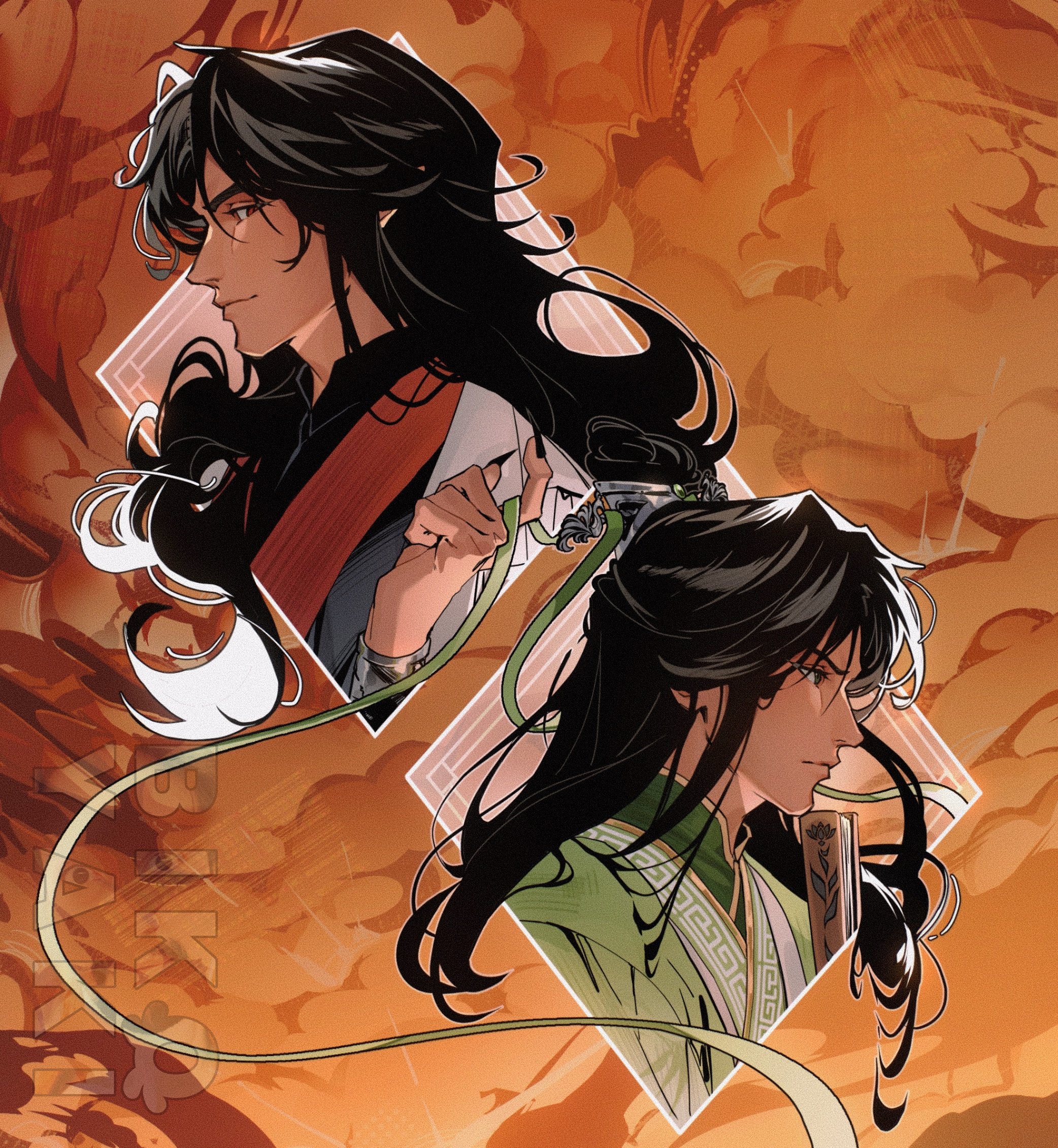 luo binghe, shen qingqiu, renzha fanpai zijiu xitong, highres, 2boys, bikoyaki, black hair, black hanfu, black nails, chinese clothes, chinese hairpin, closed mouth, cloud, cropped shoulders, curly hair, fingernails, folded fan, folding fan, furrowed brow, green hanfu, green ribbon, hair bun, half updo, hand fan, hanfu, light rays, long hair, looking at another, male focus, multiple boys, orange sky, parted bangs, profile, red eyes, ribbon, ribboned xiao guan, sharp fingernails, sidelocks, single hair bun, sky, smirk, thick eyebrows, v-shaped eyebrows, watermark
