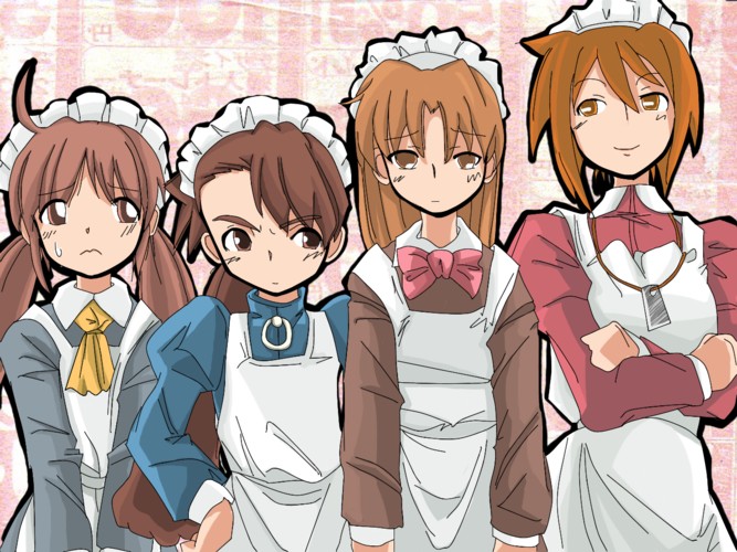 hidoi, kudoi, medoi, modoi, futaba channel, nijiura maids, 4girls, ahoge, brown eyes, brown hair, maid, maid headdress, multiple girls, orange eyes, orange hair, ponytail, ribbon