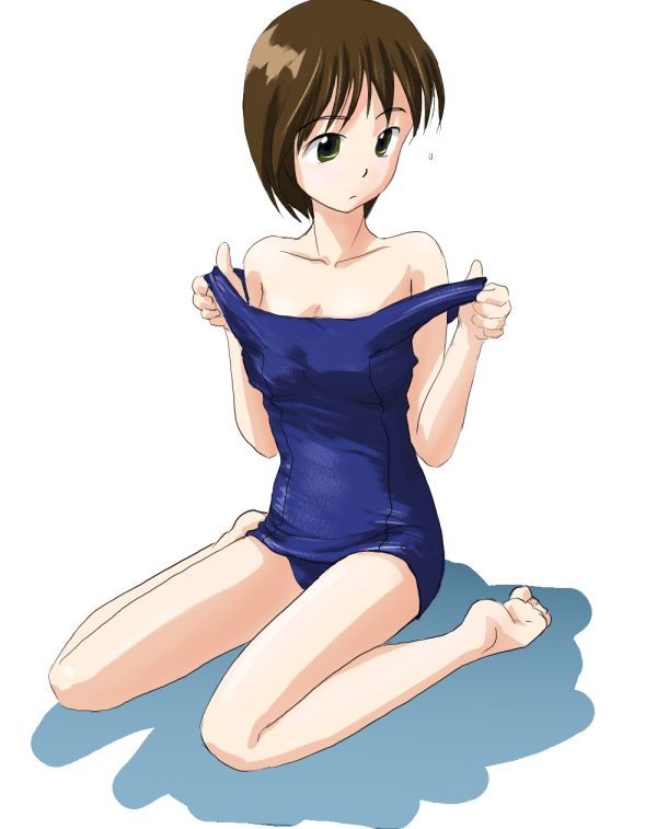 1girl, adjusting clothes, adjusting swimsuit, bare shoulders, barefoot, brown hair, female focus, one-piece swimsuit, school swimsuit, short hair, solo, swimsuit
