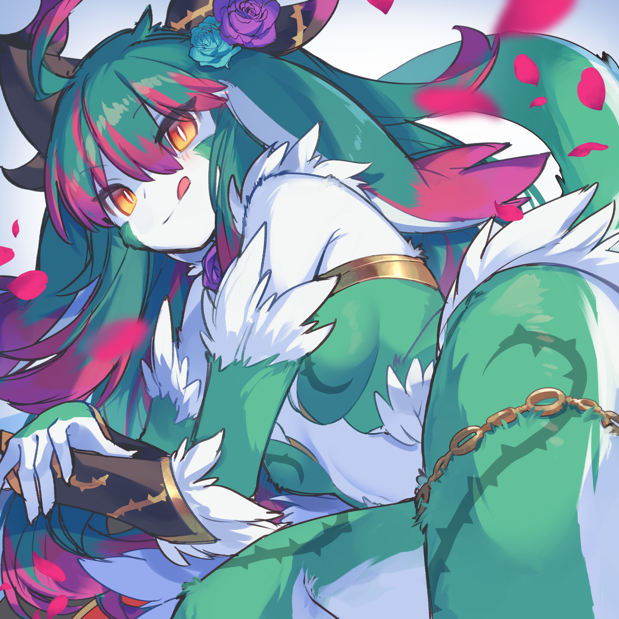 kuuron (moesann17), linthia (p&d), puzzle & dragons, highres, 1girl, :d, ahoge, body markings, bracer, chain, dragon girl, feathers, flower, gradient eyes, green fur, green hair, green leotard, jewelry, leotard, looking at viewer, lying, monster girl, multicolored eyes, multicolored hair, on side, open mouth, orange eyes, pale skin, petals, rose, smile, solo, streaked hair, thighlet, two-tone fur, white feathers, white fur
