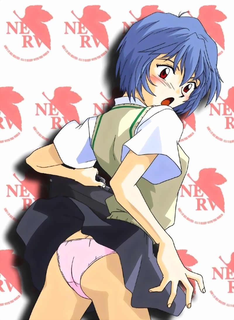 ayanami rei, neon genesis evangelion, 1girl, clothes lift, dress shirt, female focus, nerv, panties, pink panties, school uniform, serafuku, shirt, skirt, skirt lift, solo, sweater, sweater vest, underwear, vest, white panties, wind, wind lift