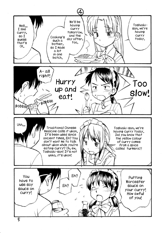 hinemosu notari, hidoi, kudoi, medoi, modoi, futaba channel, nijiura maids, the book about medoi-san, hard-translated, third-party edit, translated, 1boy, 4girls, apron, blush, closed eyes, comic, curry, english text, food, greyscale, long hair, maid, maid apron, maid headdress, monochrome, multiple girls, open mouth, soy sauce, spoon, tears, twintails