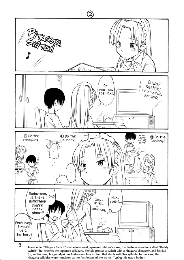 hinemosu notari, medoi, futaba channel, nijiura maids, pythagoras switch, the book about medoi-san, hard-translated, third-party edit, translated, 1boy, 1girl, comic, cup, english text, food, fruit, greyscale, indoors, kotatsu, maid, maid headdress, mandarin orange, monochrome, oto-san switch, sitting, speech bubble, table, television, thought bubble, yunomi, zaisu