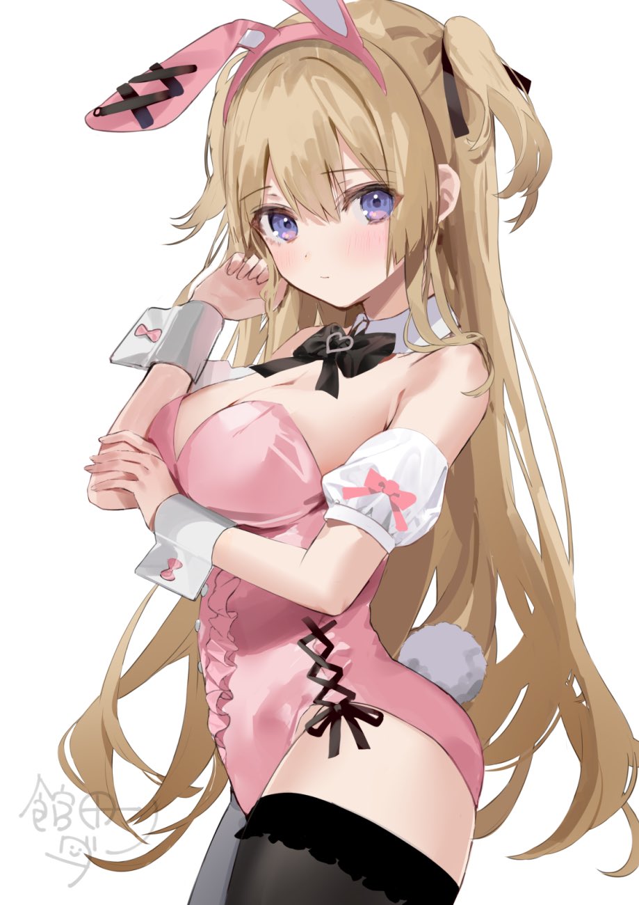 kanda done, original, highres, 1girl, animal ears, bare shoulders, black bow, black bowtie, black thighhighs, blonde hair, bow, bowtie, breasts, cleavage, closed mouth, detached collar, fake animal ears, fake tail, hair between eyes, large breasts, leotard, long hair, looking at viewer, pink leotard, playboy bunny, rabbit ears, rabbit tail, simple background, solo, standing, tail, thighhighs, two side up, very long hair, white background, white wrist cuffs, wrist cuffs
