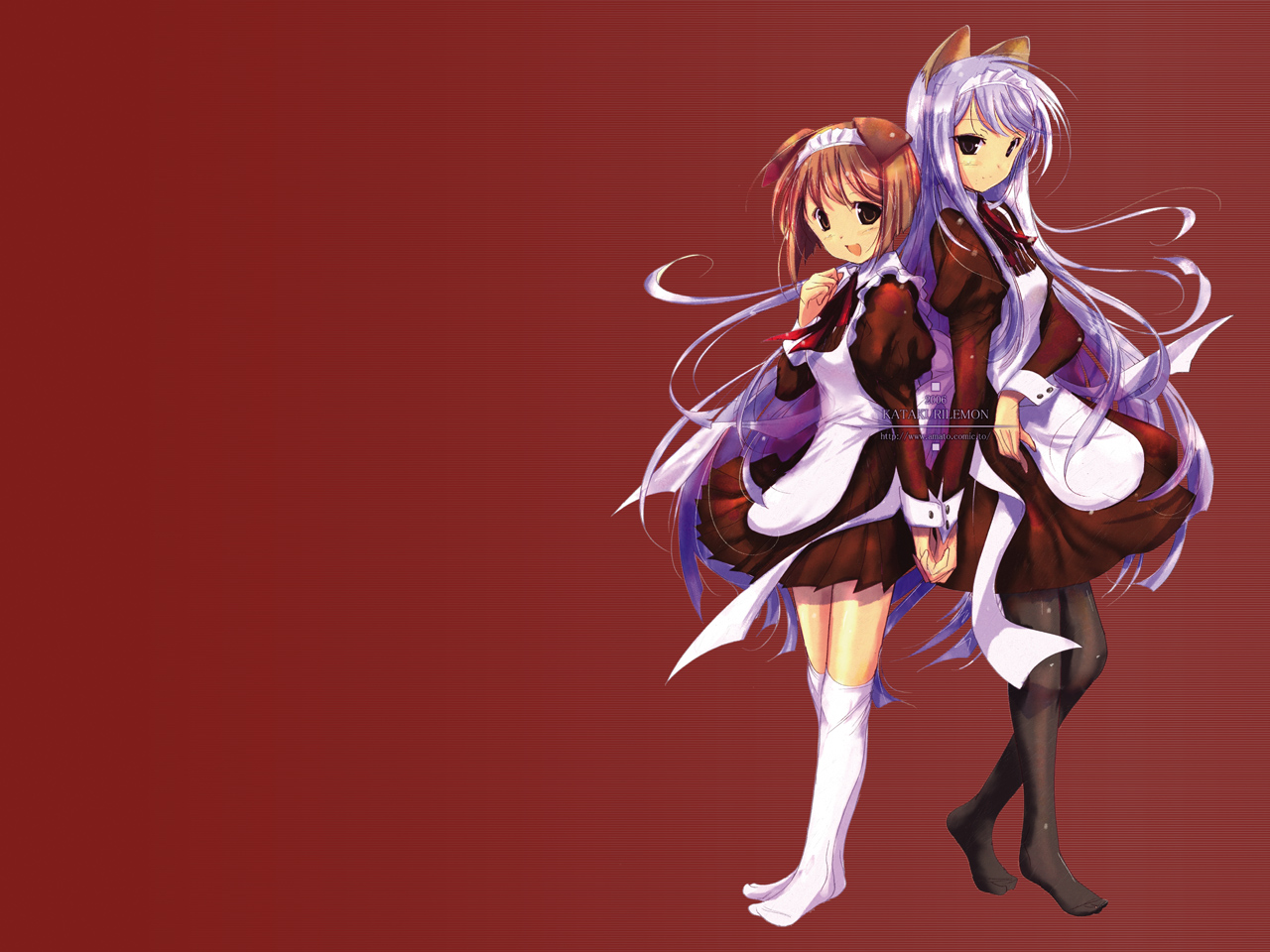 ozaki hiroki, 2girls, animal ears, cat ears, dog ears, kneehighs, maid, multiple girls, socks, thighhighs