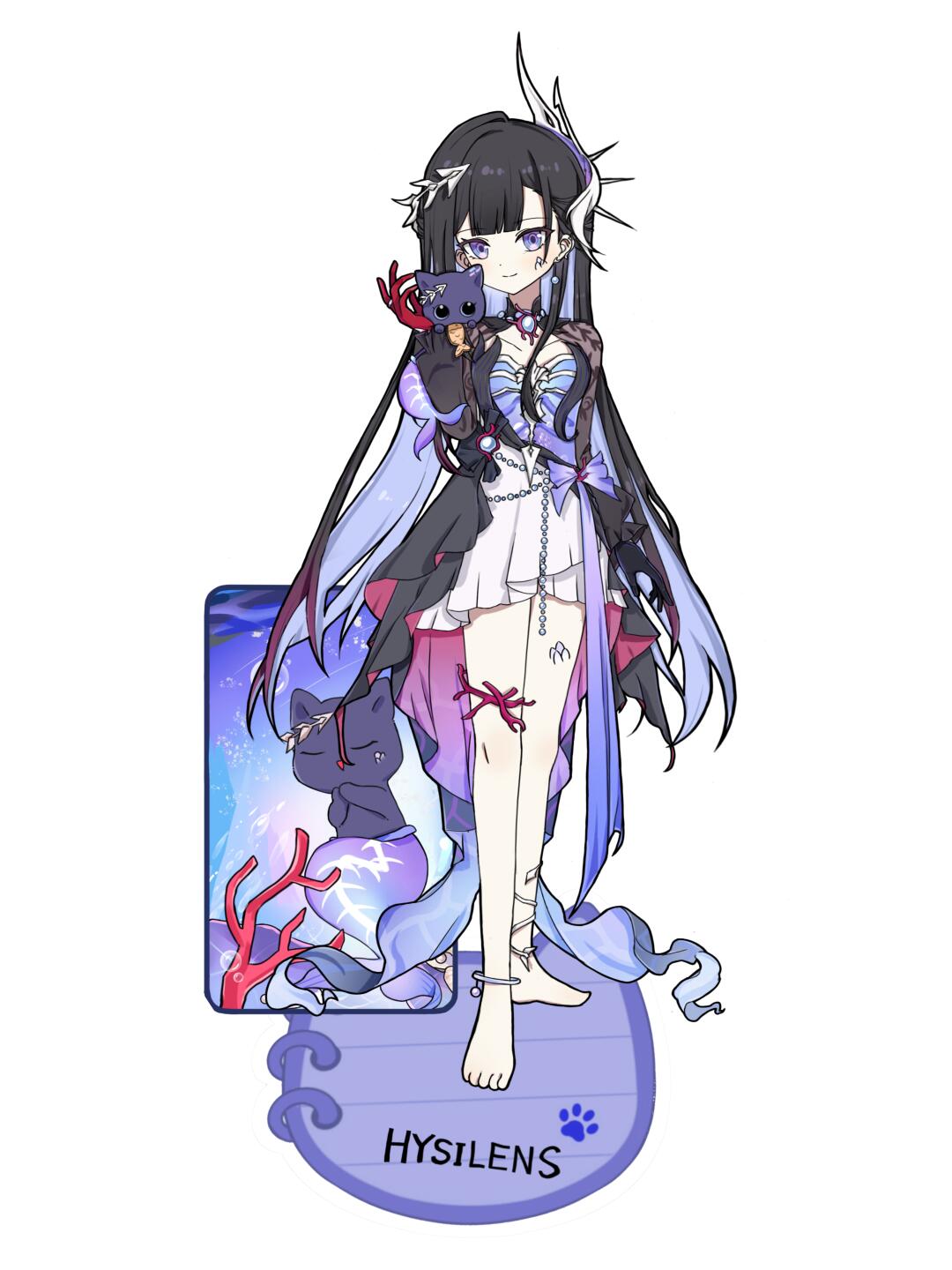 hysilens (honkai: star rail), honkai: star rail, honkai (series), bad source, highres, 1girl, animal, ashui3 shuo, bare legs, barefoot, black dress, black gloves, black hair, blue eyes, blunt bangs, blush, bow, breasts, cat, colored inner hair, coral, dress, english text, gloves, gradient hair, hair ornament, holding, holding animal, jewelry, leg ribbon, long hair, multicolored hair, octopus, paw print, pink eyes, purple eyes, ribbon, smile, snail hair ornament, solo, standing, tentacles, two-tone hair, very long hair, white dress