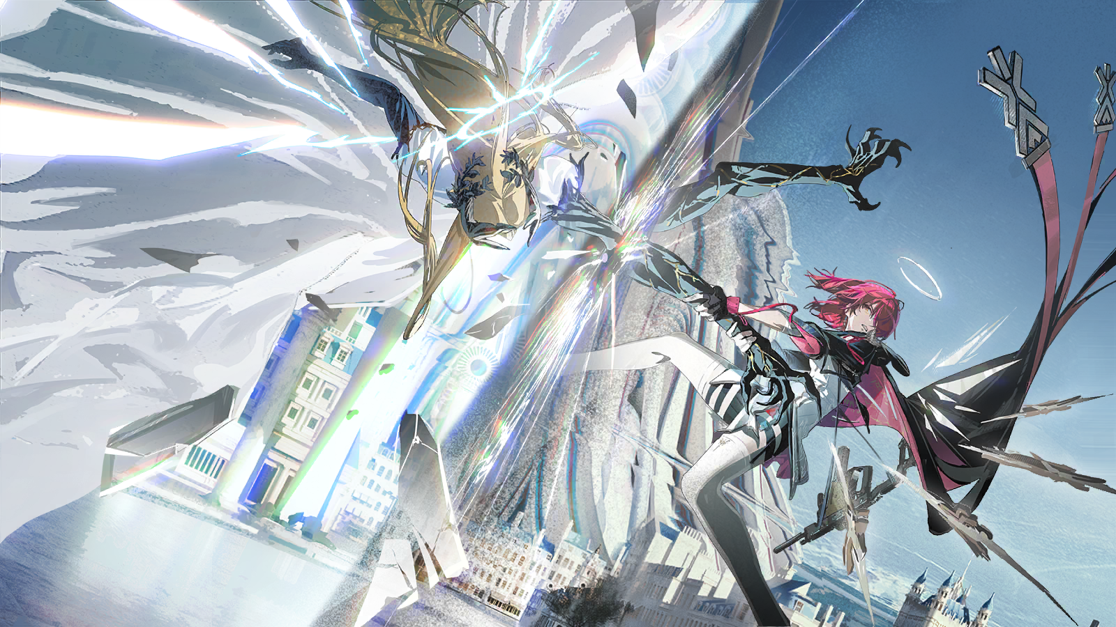 exusiai (arknights), exusiai the new covenant (arknights), arknights, game cg, highres, official art, third-party source, 2girls, black cape, blonde hair, blue sky, cape, cephas (arknights), cephas (teekaz) (arknights), detached wings, dutch angle, energy wings, floating clothes, floating hair, grabbing another's arm, halo, multiple girls, outdoors, pulling, red hair, shirt, sky, split screen, thighhighs, two-sided cape, two-sided fabric, white shirt, white thighhighs, wings