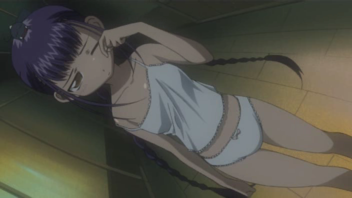 sugai hinata, amaenaideyo!!, anime screenshot, 00s, 1girl, bow, bow panties, braid, brown eyes, camisole, dutch angle, female focus, lace, lace-trimmed panties, lace trim, lingerie, long hair, midriff, one eye closed, panties, purple hair, sleepy, solo, standing, strap slip, twin braids, underwear, white panties, wink