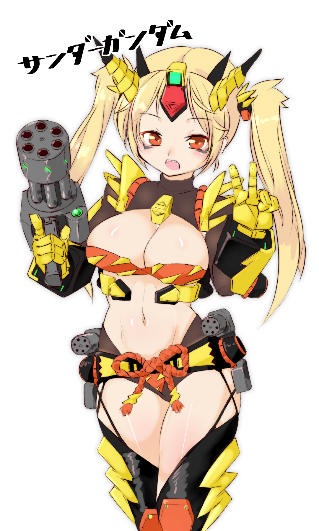 yazawa owl, gundam, sd gundam, highres, 1girl, armor, bikini, blonde hair, eyeshadow, gatling gun, genderswap, genderswap (mtf), makeup, mecha musume, orange bikini, personification, rope, shimenawa, shiny skin, swimsuit, twintails, v