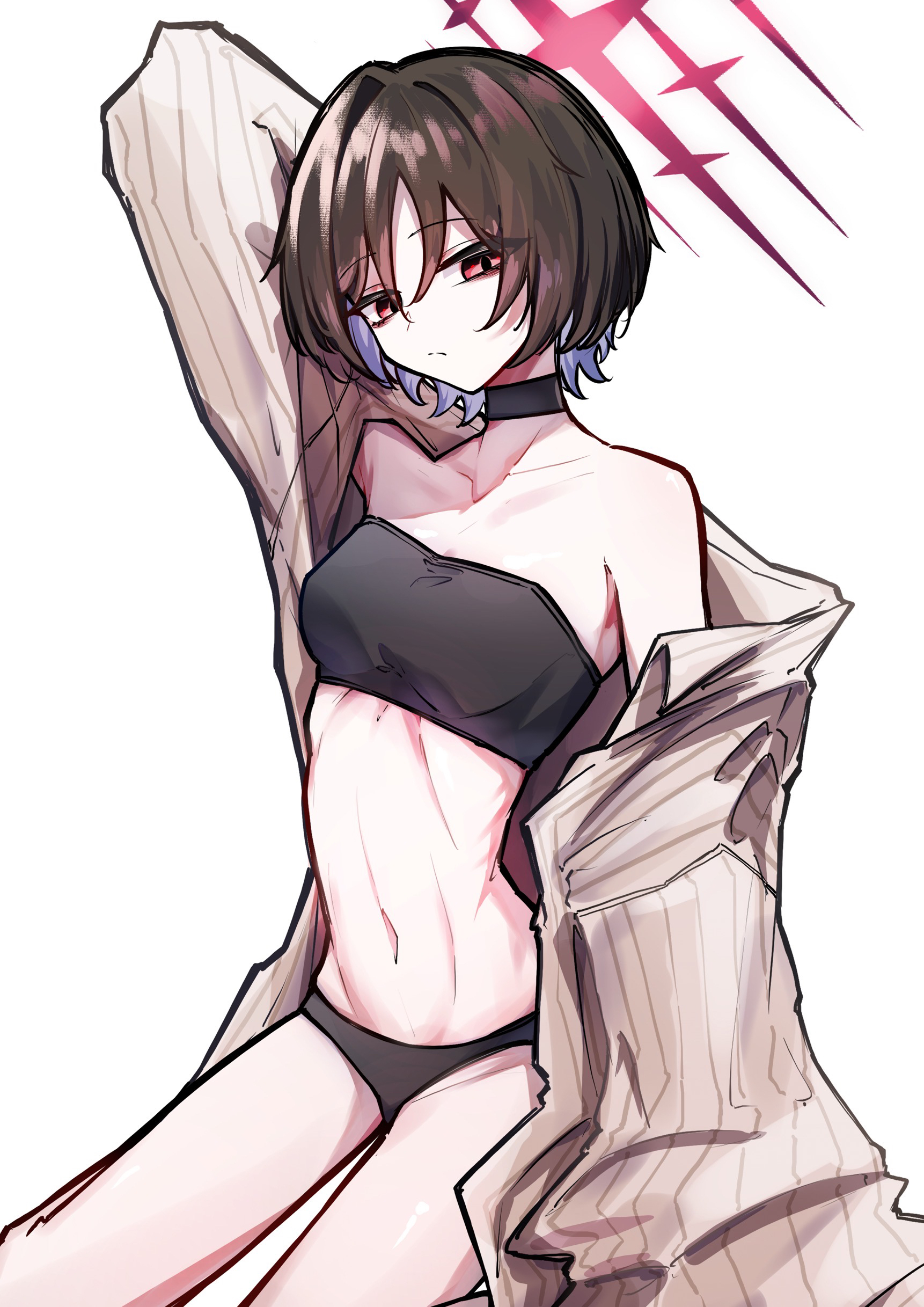 kishi zero 1, misaki (blue archive), misaki (swimsuit) (blue archive), blue archive, absurdres, commentary request, highres, 1girl, arm behind head, arm up, bare legs, bikini, bikini under clothes, black bikini, black choker, breasts, brown hair, choker, coat, collarbone, halo, looking at viewer, navel, official alternate costume, pinstripe pattern, red eyes, ribs, short hair, simple background, sitting, skinny, small breasts, solo, stomach, strapless, strapless bikini, swimsuit, wariza, white background, white coat
