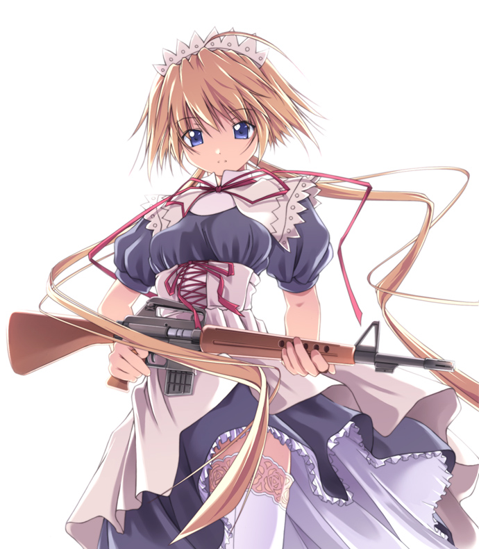 geisya, original, lace-trimmed legwear, duplicate, 1girl, ahoge, ar-10, battle rifle, blonde hair, blue eyes, bonnet, combat maid, female focus, gun, lace, lace trim, lingerie, long hair, maid, maid headdress, petticoat, rifle, simple background, solo, thighhighs, underwear, very long hair, weapon, white background, white thighhighs, zettai ryouiki