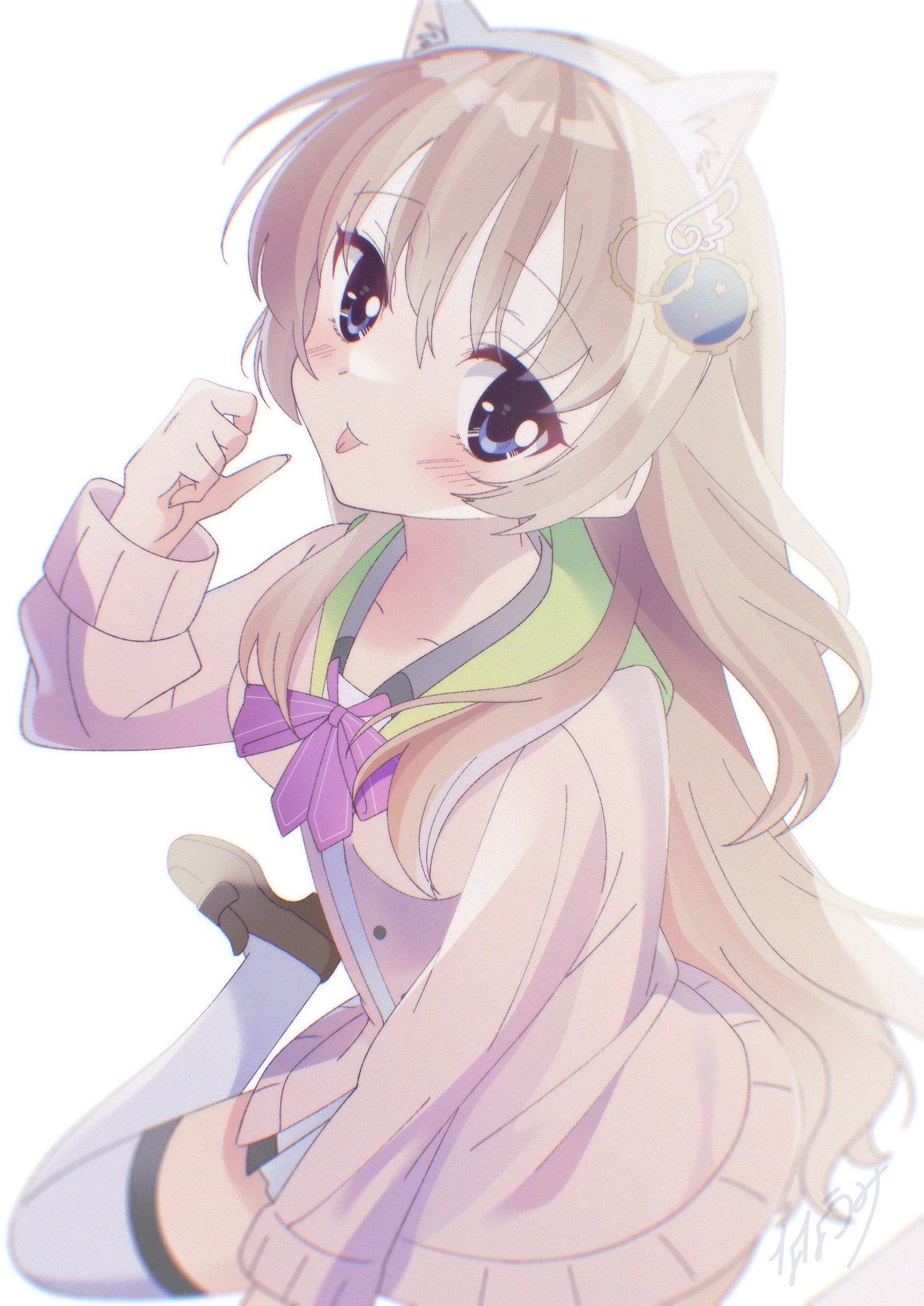minami773, kujou miyako, 9-nine-, commentary request, highres, 1girl, :p, animal ear fluff, animal ear hairband, animal ears, blue eyes, blush, bow, bowtie, brown hair, brown shoes, cardigan, cat ears, closed mouth, dress, fake animal ears, foot out of frame, gear hair ornament, hair between eyes, hair ornament, hair over shoulder, hairband, hakusen academy school uniform, hand up, happy, loafers, long hair, long sleeves, looking at viewer, open cardigan, open clothes, paw pose, pink bow, pink bowtie, pink cardigan, school uniform, shoes, short dress, sidelocks, signature, simple background, sitting, smile, solo, star (symbol), star print, thighhighs, tongue, tongue out, very long hair, wariza, white background, white dress, white hairband, white thighhighs, wing hair ornament, zettai ryouiki