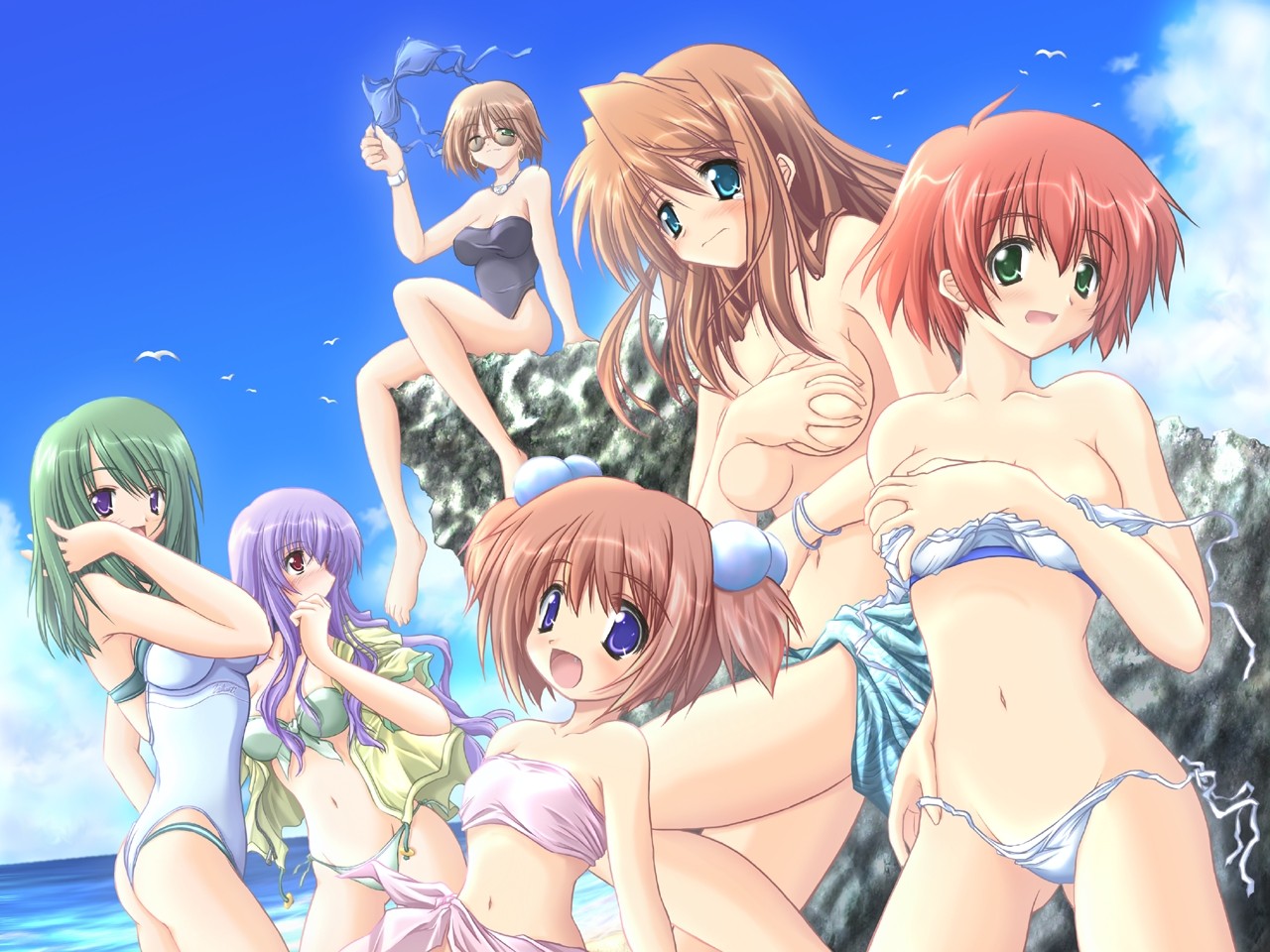 yuuki mitsuru, ayase shion, masaki kaede, nakazato sakura, yukizakura himeno, yukizakura ibuki, yukizakura momiji, komorebi no namikimichi, game cg, 6+girls, aqua eyes, beach, bikini, blue eyes, bra, breasts, brown hair, cleavage, day, green eyes, green hair, lingerie, loli, long hair, medium breasts, multiple girls, one eye closed, outdoors, purple eyes, purple hair, red eyes, red hair, sky, small breasts, swimsuit, twintails, underwear, wardrobe malfunction, wink