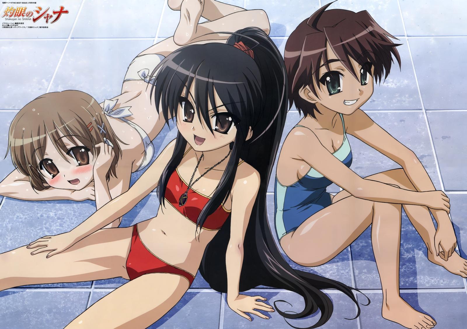 fujii masahiro, alastor (shakugan no shana), ogata matake, shana, yoshida kazumi, animaga, shakugan no shana, highres, official art, scan, >:d, 00s, 3girls, :d, adjusting hair, ahoge, alternate hairstyle, armpits, ass, back, barefoot, bikini, black hair, blue one-piece swimsuit, blush, bow, bow bikini, breast press, breasts, brown eyes, brown hair, casual one-piece swimsuit, copyright name, feet, flat ass, from above, from side, green eyes, grin, hair between eyes, hair ornament, hair ribbon, hair scrunchie, hair up, hairclip, hand on own thigh, happy, high ponytail, holding own arm, jewelry, knees together feet apart, knees up, leaning back, legs up, logo, long hair, lying, medium breasts, multiple girls, navel, necklace, on stomach, one-piece swimsuit, open mouth, parted bangs, pendant, ponytail, red bikini, ribbon, scrunchie, shadow, short hair, sideboob, sidelocks, single vertical stripe, sitting, small breasts, smile, soles, spread legs, straight hair, strapless, strapless bikini, swimsuit, thick eyebrows, tile floor, tiles, tucking hair, v-shaped eyebrows, very long hair, wet, wet hair, white bikini, white bow, white ribbon, x hair ornament
