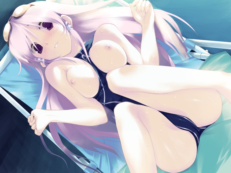 hitomi yomi, original, sukumizu 2, game cg, 1girl, between breasts, breasts, breasts out, female focus, goggles, nipples, nude, one-piece swimsuit, pink hair, solo, swimsuit, wet