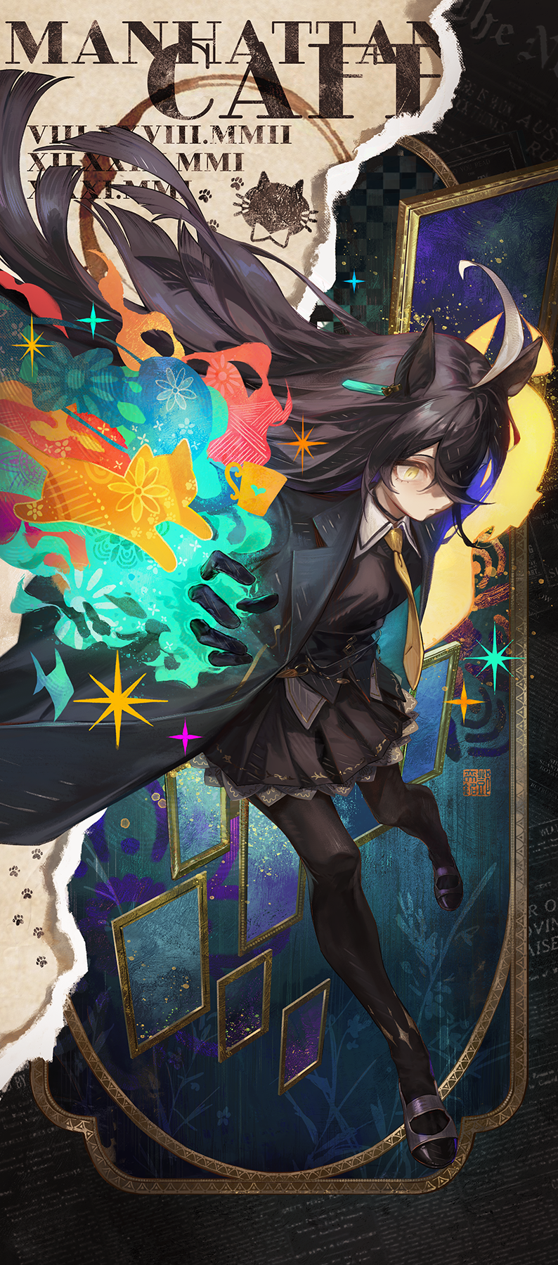 daniel deng, manhattan cafe (umamusume), umamusume, highres, 1girl, ahoge, animal ears, black gloves, black hair, black pantyhose, black petticoat, black skirt, blazer, character name, closed mouth, collared shirt, ear ornament, ear tag, gloves, hair between eyes, horse ears, horse girl, jacket, long bangs, long hair, long sleeves, multicolored hair, necktie, pantyhose, petticoat, pleated skirt, shirt, shoes, skirt, solo, white hair, white shirt, yellow eyes, yellow necktie