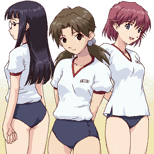 horaki hikari, kirishima mana, yamagishi mayumi, girlfriend of steel, neon genesis evangelion, neon genesis evangelion: 2nd impression, neon genesis evangelion: iron maiden, neon genesis evangelion 2nd impression, lowres, 3girls, arms behind back, ass, black eyes, black hair, blue eyes, blunt bangs, breasts, brown eyes, brown hair, buruma, clenched hand, closed mouth, cowboy shot, expressionless, flipped hair, freckles, from side, glasses, gradient background, grey hair, gym uniform, hair bobbles, hair ornament, happy, light smile, long hair, looking at viewer, looking back, low twintails, mole, mole under mouth, multiple girls, oekaki, pink hair, profile, purple hair, red hair, shirt, short hair, short sleeves, short twintails, side slit, sidelocks, small breasts, standing, twintails