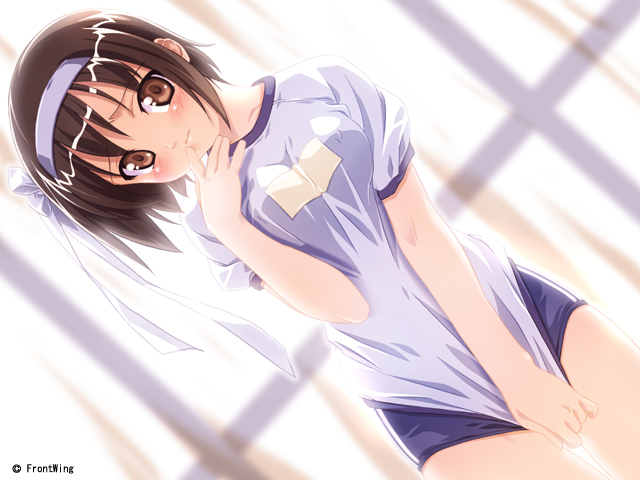 kuuchuu yousai, manabe rika, makai tenshi djibril, game cg, 1girl, backlighting, black hair, bow, breasts, brown eyes, buruma, closed mouth, clothes pull, company name, covered erect nipples, covering crotch, covering privates, cowboy shot, curtains, day, double vertical stripe, dutch angle, embarrassed, female focus, gym shirt, gym uniform, hair bow, hair ribbon, hairband, hand to own mouth, hand up, head tilt, indoors, looking at viewer, medium breasts, name tag, raised eyebrows, ribbon, shirt, shirt pull, shirt tug, short hair, solo, standing, sunlight, watermark, white bow, white ribbon, white shirt, window