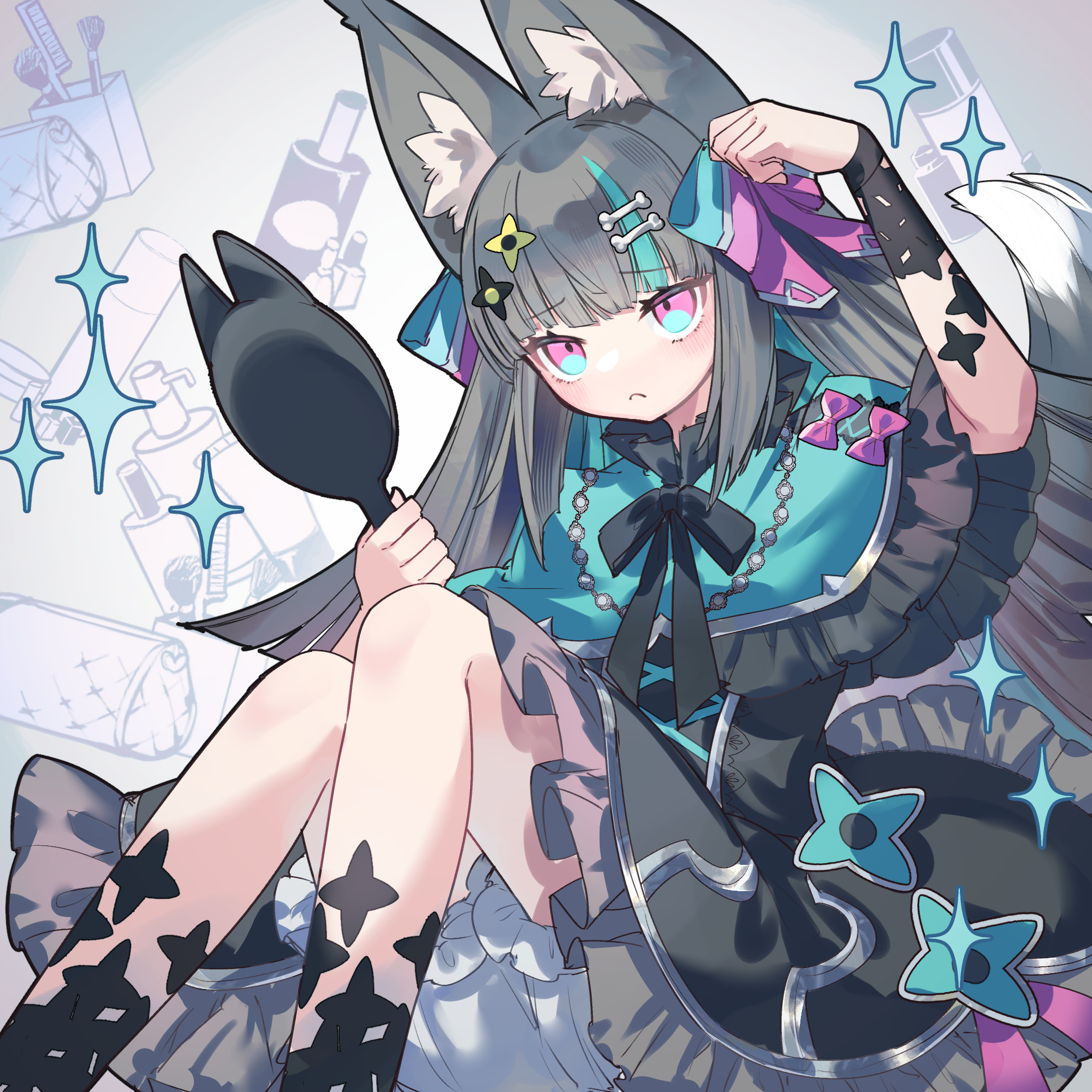 kuuron (moesann17), puzzle & dragons, highres, 1girl, animal ear fluff, animal ears, black dress, black hair, blue eyes, blue hair, blush, bow, capelet, dress, jewelry, long hair, looking at mirror, mirror, multicolored eyes, multicolored hair, necklace, pink bow, pink eyes, ryu (puzzle & dragons), shorts, shorts under skirt, sitting, solo, star (symbol), two-tone hair, very long hair