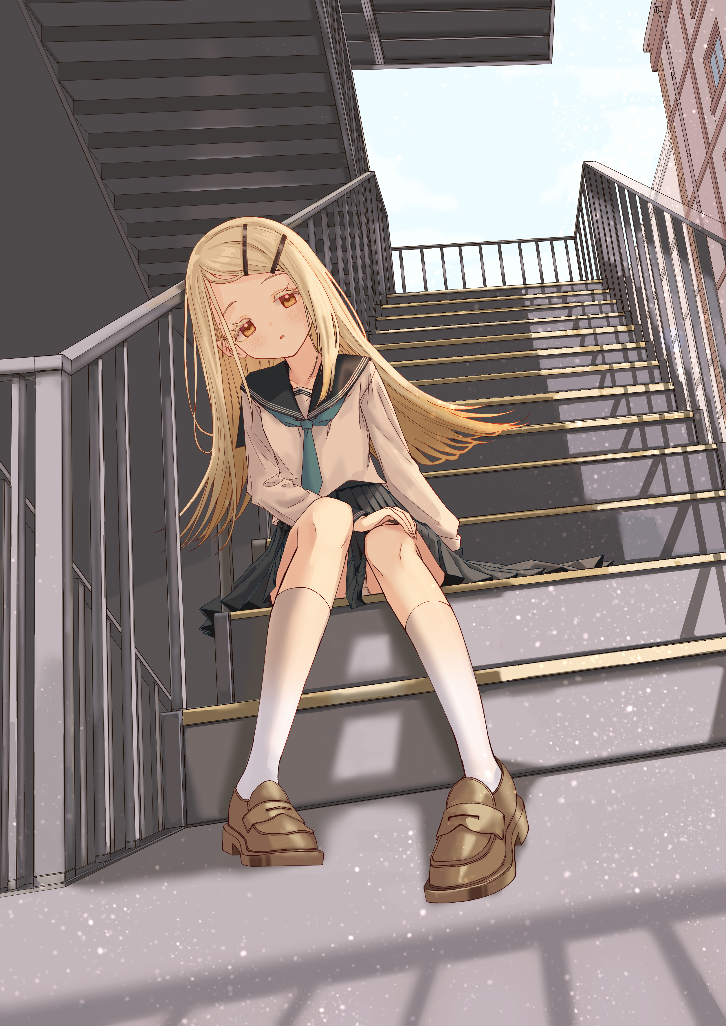 kinako mochi, shinosawa hiro, gakuen idolmaster, idolmaster, absurdres, highres, 1girl, against railing, black skirt, blonde hair, blue neckerchief, brown shoes, building, collarbone, colored eyelashes, flipped hair, hair ornament, hairclip, hand on own knee, hatsuboshi gakuen school uniform, kneehighs, leaning on object, leaning to the side, light blush, loafers, long hair, long sleeves, neckerchief, open mouth, orange eyes, outdoors, panties, panty peek, parallel hairclips, pleated skirt, railing, school uniform, serafuku, shadow, shirt, shoes, sitting, sitting on stairs, skirt, socks, solo, stairs, swept bangs, underwear, white panties, white shirt, white socks