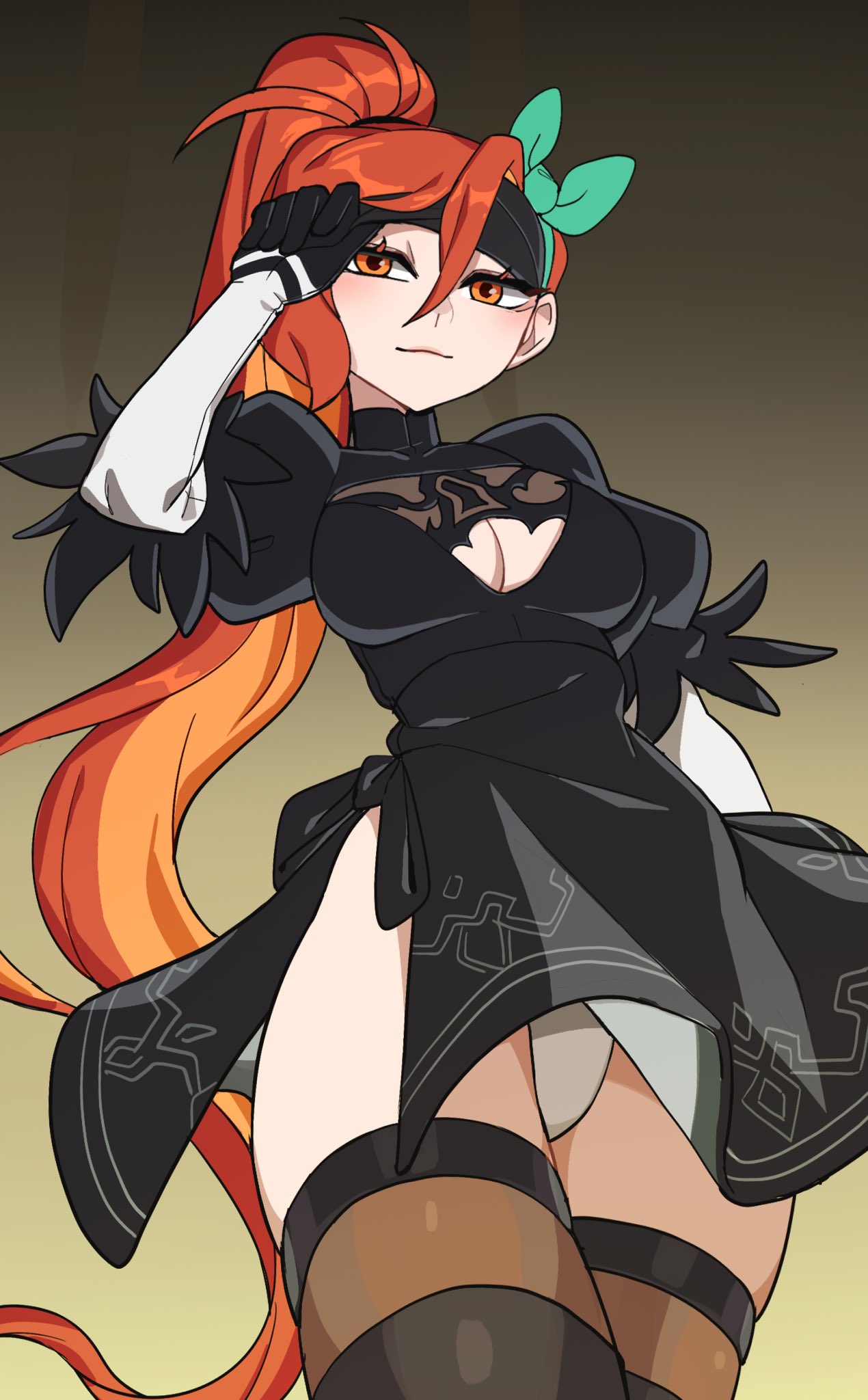 hyyun ho, 2b (nier:automata), june (hyyun ho), nier:automata, nier (series), original, commentary, english commentary, highres, 1girl, 2b (nier:automata) (cosplay), black dress, black gloves, black thighhighs, blindfold, blindfold lift, breasts, cleavage, cleavage cutout, closed mouth, clothing cutout, cosplay, cowboy shot, dress, gloves, gradient background, green ribbon, hair ribbon, high ponytail, juliet sleeves, long hair, long sleeves, looking at viewer, medium breasts, orange eyes, orange hair, panties, pantyshot, ponytail, puffy sleeves, ribbon, short dress, solo, thighhighs, underwear, very long hair, white panties, yellow background