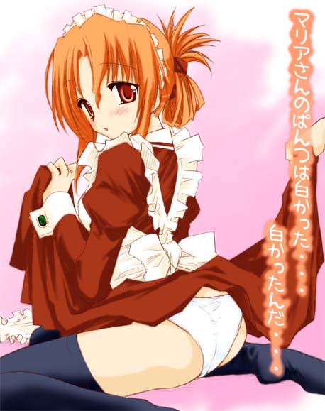 maria (hayate no gotoku!), hayate no gotoku!, translated, 00s, 1girl, apron, black thighhighs, blush, brown eyes, brown hair, clothes lift, dress, dress lift, female focus, folded ponytail, headdress, maid, maid apron, panties, red dress, sitting, skirt, skirt lift, solo, thighhighs, underwear, white panties