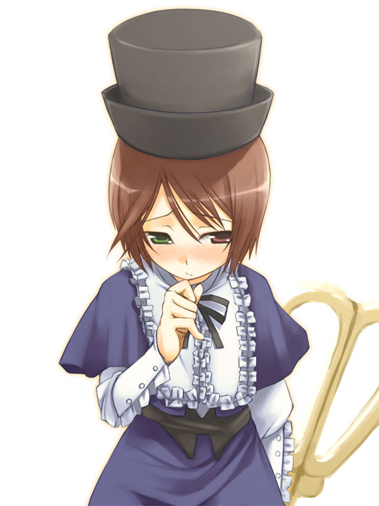 jirou (chekoro), souseiseki, rozen maiden, looking away, 00s, 1girl, brown hair, female focus, frills, green eyes, hand on own face, hat, heterochromia, neck ribbon, oversized object, red eyes, ribbon, scissors, short hair, shy, simple background, solo, top hat