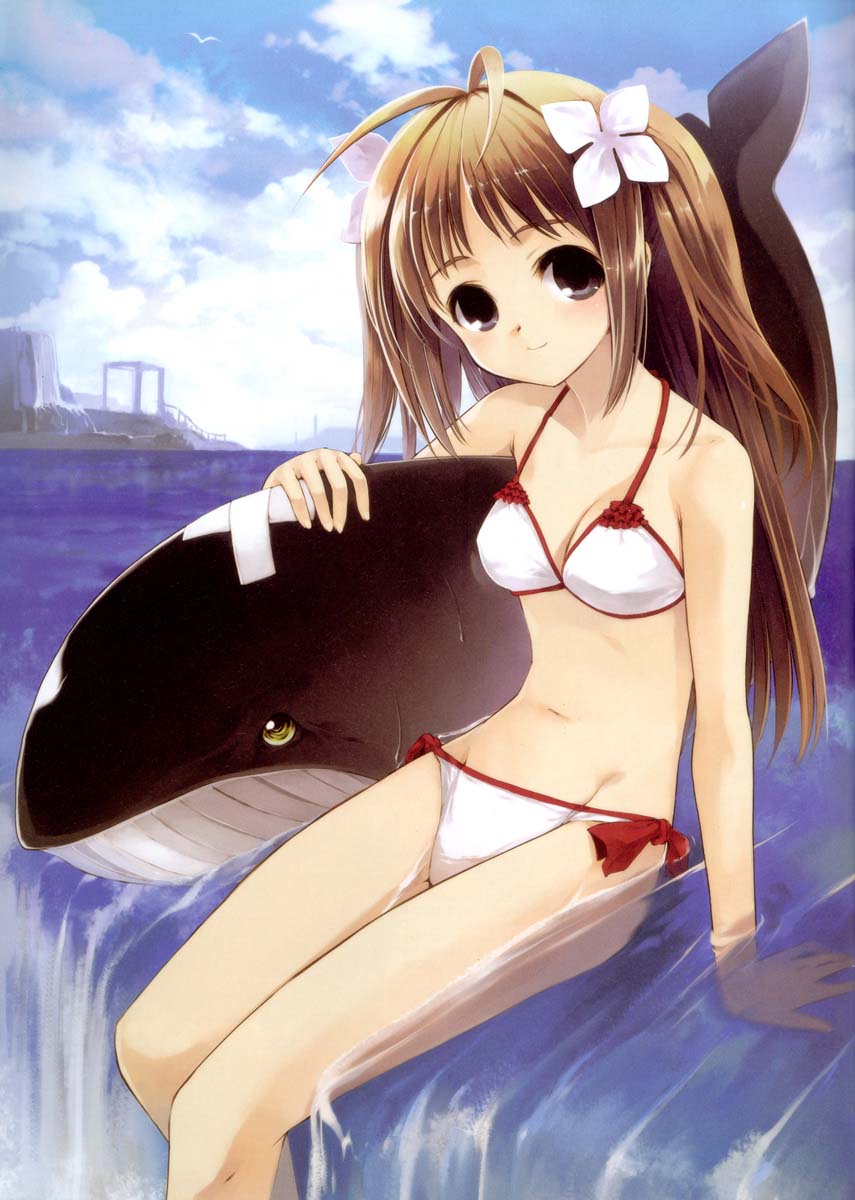 koin (foxmark), highres, 1girl, animal, bikini, brown eyes, brown hair, day, female focus, partially submerged, sitting, soaking feet, solo, swimsuit, water, whale, white bikini