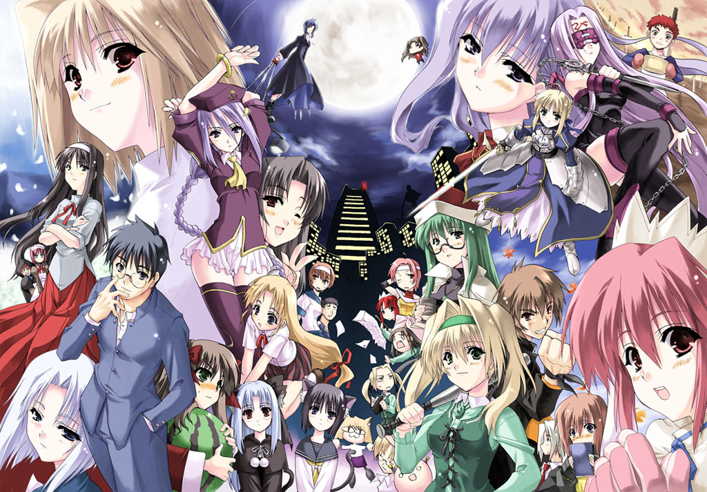 sakura nitouhei, arcueid brunestud, arima miyako, artoria pendragon (fate), ciel (tsukihime), emiya shirou, hisui (tsukihime), kashiwagi azusa, kashiwagi chizuru, kashiwagi hatsune, kashiwagi kaede, kohaku (tsukihime), matou sakura, medea (caster) (fate), medea (fate), medusa (fate), medusa (rider) (fate), neco-arc, rinia, ryougi shiki, saber (fate), sion eltnam (type-moon), sion eltnam atlasia, tohno akiha, tohno shiki, tohsaka rin, fate/stay night, fate (series), kara no kyoukai, kizuato, maple colors, melty blood, moekan, popotan, tsukihime, 00s, 6+boys, 6+girls, animal ears, baseball bat, black hair, blonde hair, brown eyes, brown hair, cat ears, chibi, crossover, dress, everyone, food, fruit, full moon, glasses, green eyes, green hair, homurabara academy school uniform, moon, multiple boys, multiple girls, nameless dagger (fate), pleated skirt, purple hair, red hair, school uniform, serafuku, short hair, siblings, sisters, skirt, thighhighs, twins, unlimited blade works (reality marble), watermelon, white hair