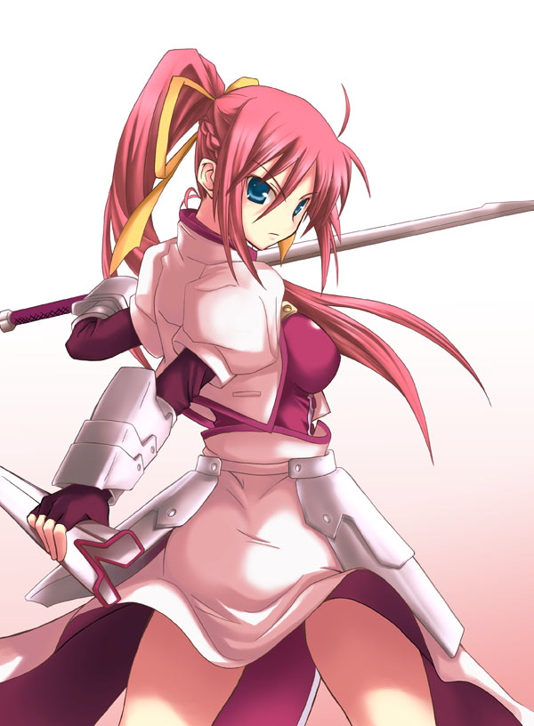 soba (saz), laevatein (nanoha), signum, lyrical nanoha, mahou shoujo lyrical nanoha, mahou shoujo lyrical nanoha a's, duplicate, 00s, 1girl, ahoge, arm guards, armor, blue eyes, breasts, cropped jacket, female focus, fingerless gloves, floating hair, gloves, hair ribbon, jacket, long hair, looking at viewer, looking back, magical girl, open clothes, open jacket, pink hair, ponytail, red hair, ribbon, scabbard, serious, sheath, solo, sword, very long hair, waist cape, weapon