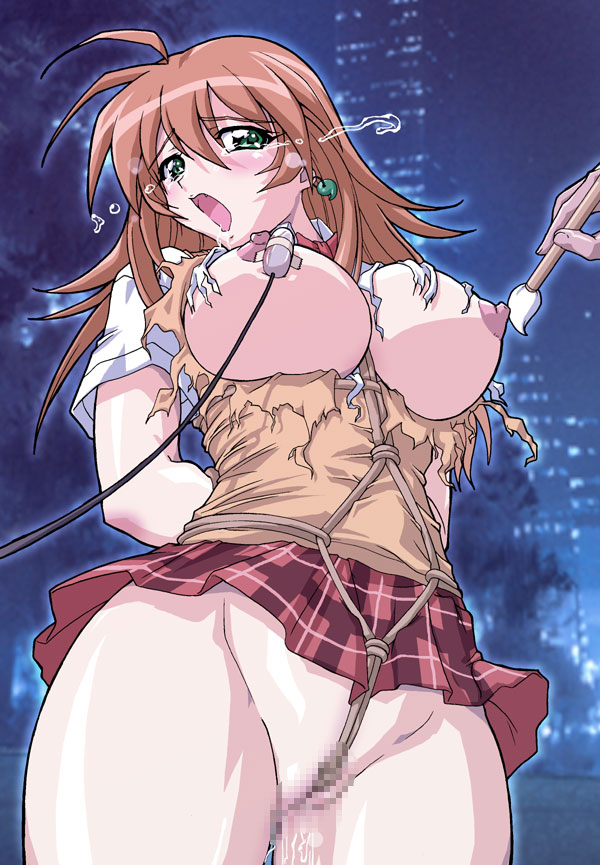 lolita channel, sonsaku hakufu, ikkitousen, brush, 00s, 1girl, bdsm, bondage, bound, breasts, censored, crotch rope, egg vibrator, female focus, large breasts, mosaic censoring, nipple stimulation, nipples, paintbrush, pussy, sex toy, shibari, shibari over clothes, solo, solo focus, tickle torture, tickling, tickling nipples, topless female, torn clothes, vibrator, vibrator on nipple