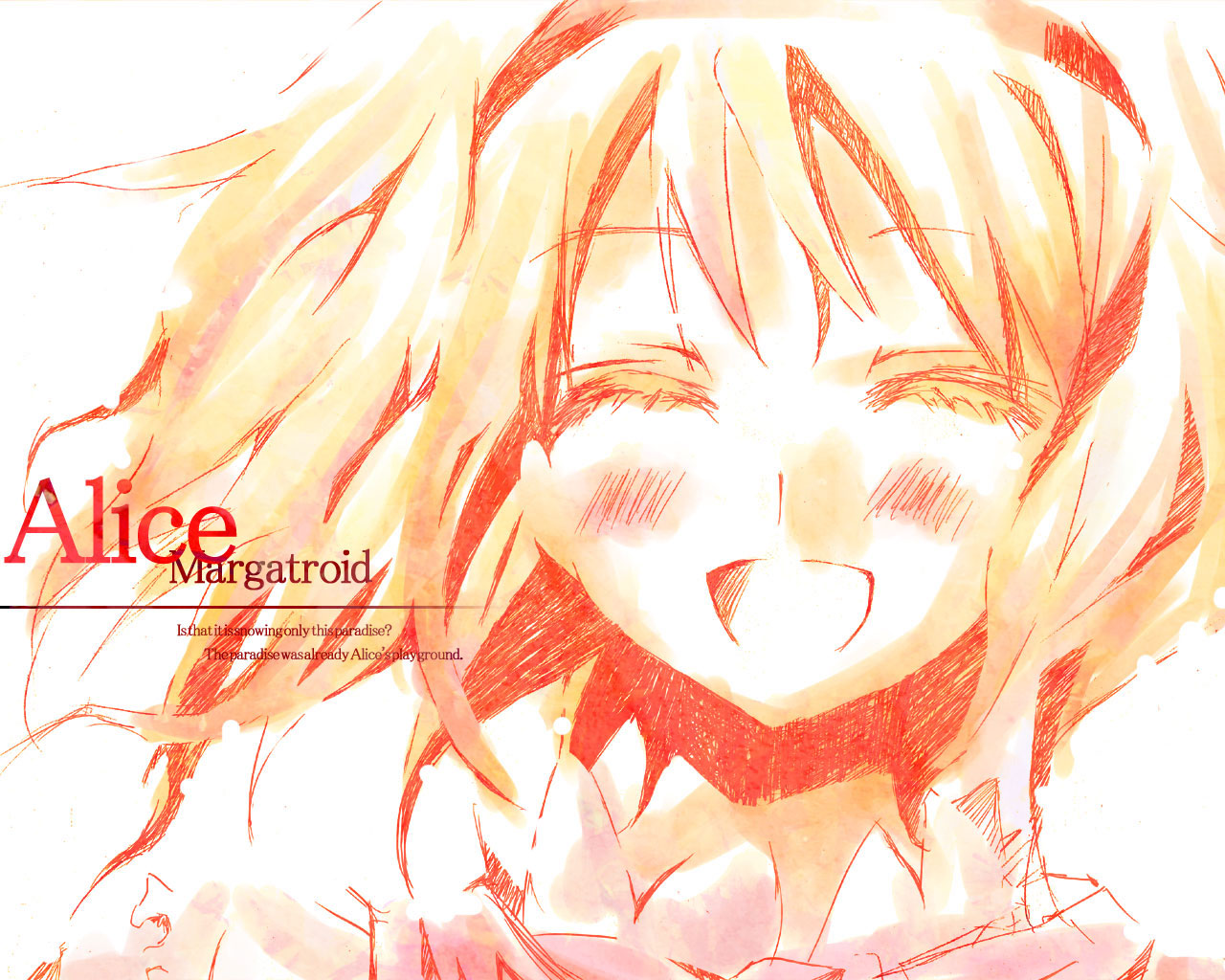 orimoto asami, alice margatroid, touhou, 1girl, :d, blush, character name, closed eyes, english text, engrish text, female focus, hairband, monochrome, open mouth, orange theme, portrait, ranguage, short hair, smile, solo