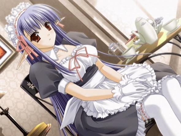 suzuhira hiro, nerine, shuffle!, game cg, blue hair, gloves, long hair, maid, pointy ears, red eyes