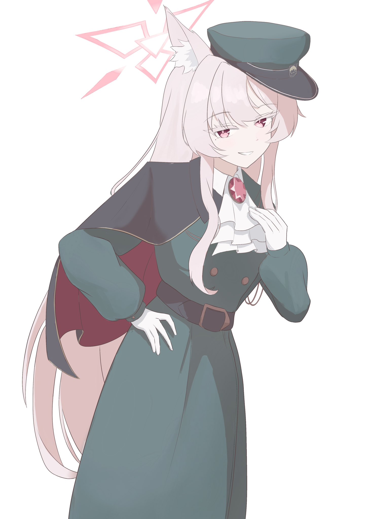 silva 5656, akira (blue archive), blue archive, highres, spoilers, 1girl, ahoge, animal ears, breasts, fox ears, gloves, halo, hat, long hair, looking at viewer, mole, mole under eye, red eyes, simple background, small breasts, solo, standing, very long hair, white background, white gloves, white hair