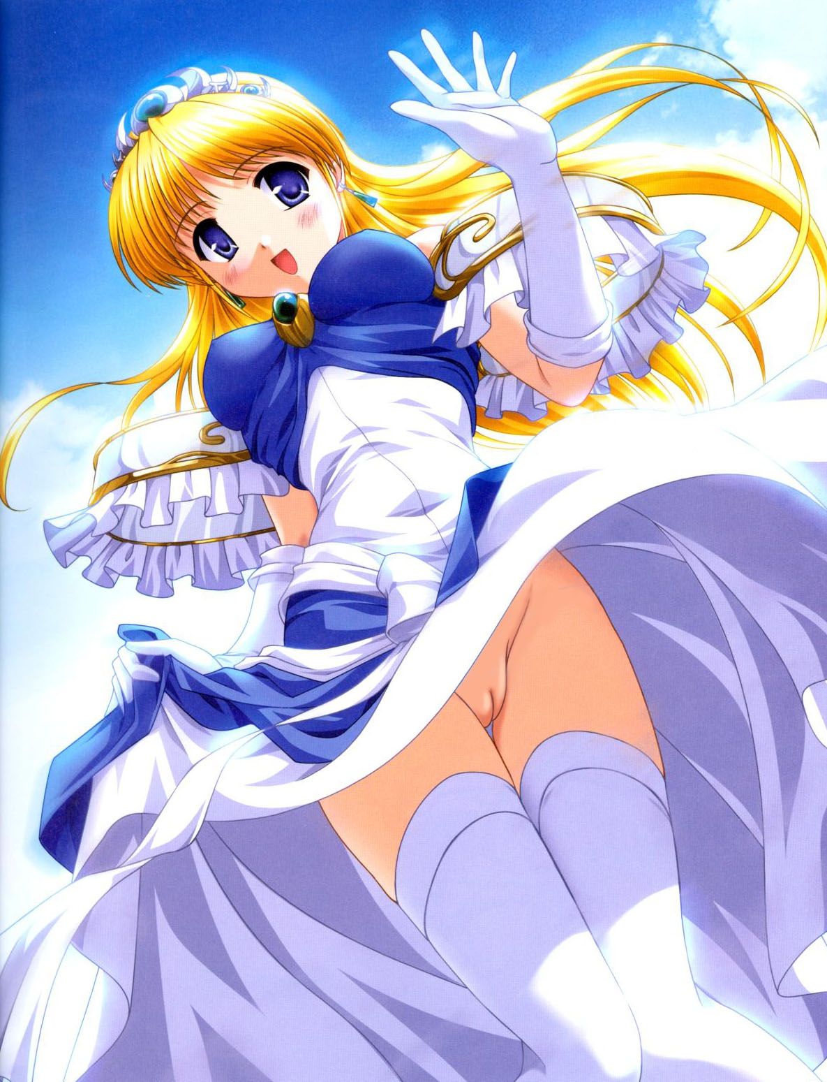 bekkankou, leticia apple, princess holiday, game cg, highres, 00s, 1girl, blonde hair, blue eyes, blush, covered erect nipples, dress, earrings, elbow gloves, female focus, from below, gloves, impossible clothes, jewelry, long hair, looking down, no panties, pussy, smile, solo, thighhighs, tiara, uncensored, upskirt, waving, white thighhighs