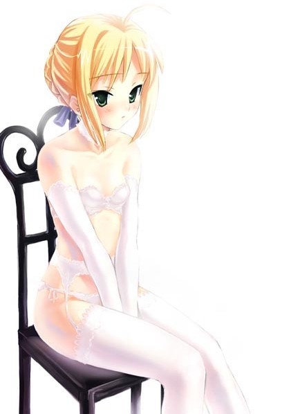 artoria pendragon (fate), saber (fate), fate/stay night, fate (series), 00s, 1girl, between legs, blonde hair, bra, chair, elbow gloves, female focus, garter belt, gloves, hand between legs, lingerie, panties, simple background, sitting, solo, thighhighs, underwear, underwear only, white background, white bra, white gloves, white panties, white thighhighs
