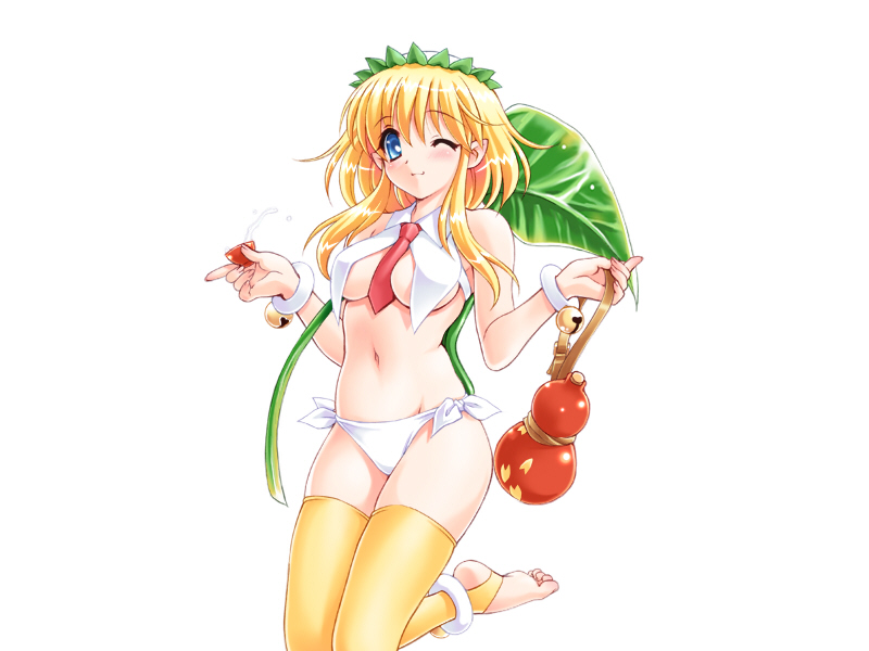 kuroda akimi, zukappa, alice soft, galzoo island, game cg, 1girl, ;), bell, bikini, blonde hair, blue eyes, bracelet, breasts, cup, female focus, gourd, jewelry, jingle bell, kappa, leaf, looking at viewer, necktie, one eye closed, red necktie, simple background, smile, solo, swimsuit, thighhighs, underboob, white background, wink, yellow thighhighs