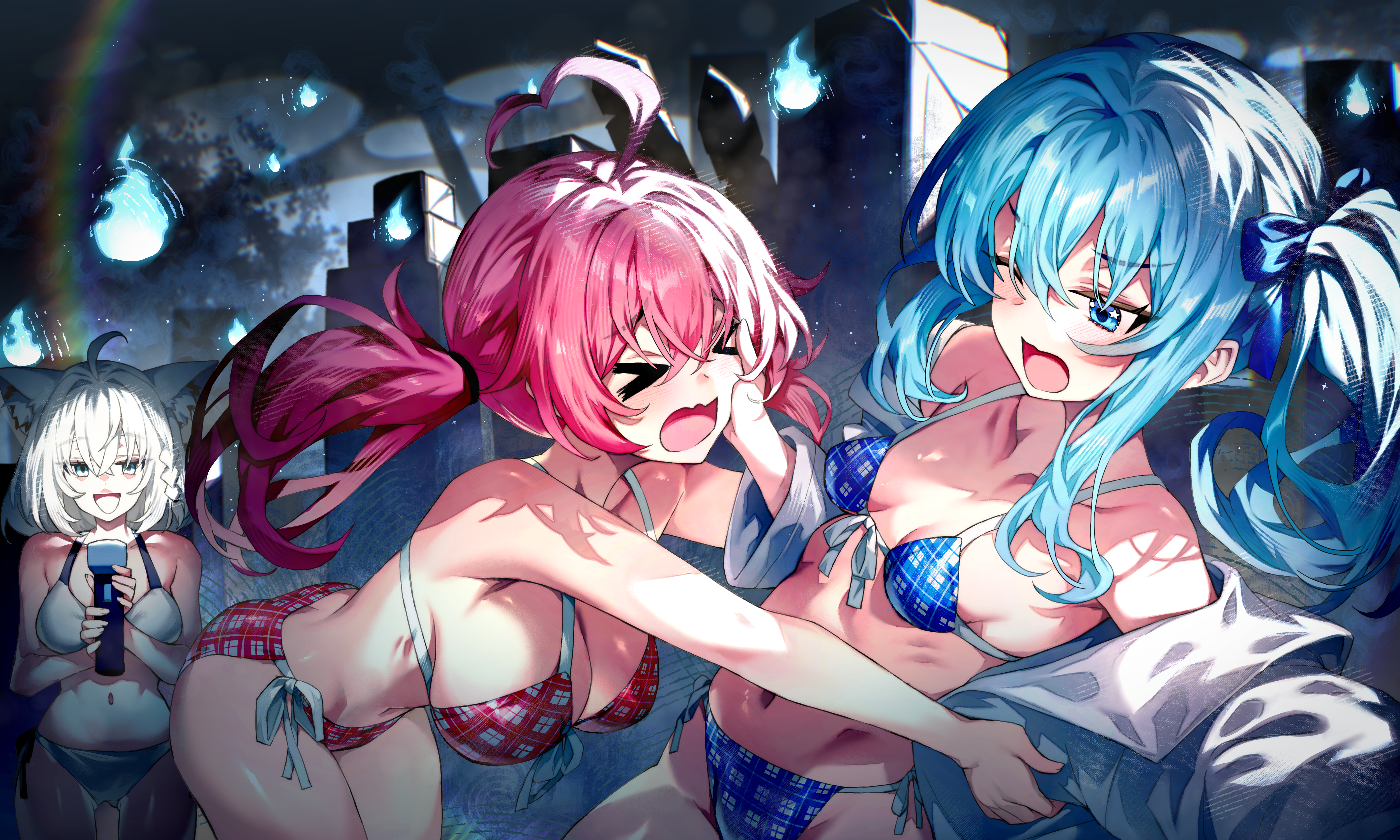 redcomet, hoshimachi suisei, sakura miko, shirakami fubuki, hololive, holonatsu paradise, absurdres, commentary request, highres, revision, > <, 3girls, :d, ;o, animal ears, bare arms, bikini, blue bikini, blue eyes, blue hair, breasts, cleavage, coat, collarbone, crossed bangs, flashlight, fox ears, hair between eyes, halterneck, hand on another's face, hanging breasts, hitodama, holding, holding flashlight, large breasts, long hair, multiple girls, navel, one eye closed, open mouth, outdoors, red bikini, red hair, shirt, side-tie bikini bottom, sidelocks, small breasts, smile, string bikini, swimsuit, twintails, virtual youtuber, wavy mouth, white bikini, white coat, white hair, white shirt