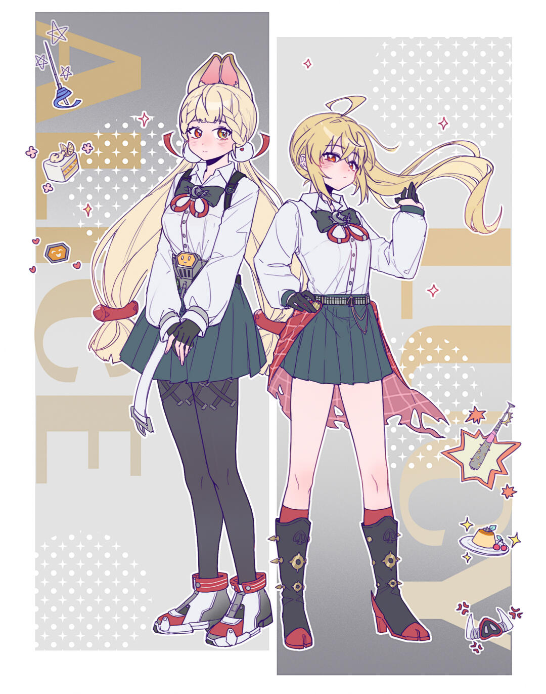 shenlan yunxing, alice thymefield, luciana de montefio, zenless zone zero, bad source, highres, 2girls, ahoge, alternate costume, animal ears, black gloves, blonde hair, blush, boots, braid, braided bangs, cake, fingerless gloves, food, full body, gloves, green skirt, heterochromia, high heels, long hair, looking at viewer, low-tied long hair, multiple girls, pantyhose, pleated skirt, pudding, rabbit ears, red eyes, shirt, side ponytail, skirt, twintails, very long hair, white shirt, yellow eyes