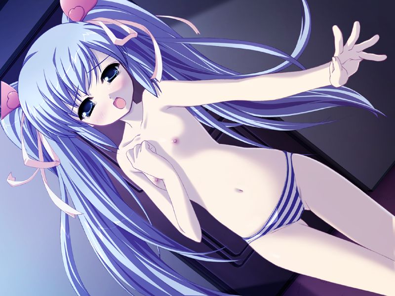 hagiwara onsen, chikami futaba, festa!! hyper girls pop, game cg, 1girl, blue eyes, blue hair, blush, dutch angle, female focus, flat chest, heart, loli, long hair, matching hair/eyes, navel, nipples, open mouth, panties, solo, standing, striped clothes, striped panties, thigh gap, topless female, twintails, underwear, underwear only