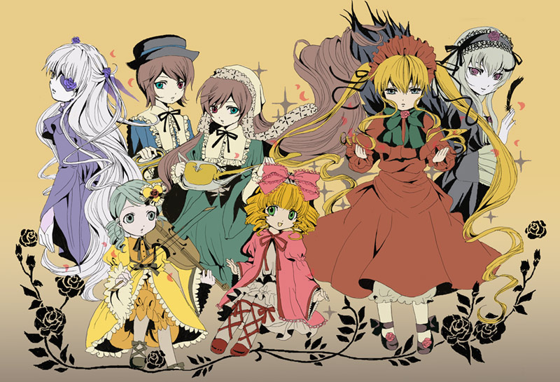 barasuishou, hinaichigo, kanaria, souseiseki, suigintou, suiseiseki, rozen maiden, silver hair, 00s, 6+girls, :d, black dress, blonde hair, blue dress, bow, bowtie, brown background, brown eyes, brown hair, dress, flower eyepatch, full body, green eyes, green hair, hairband, heterochromia, looking at viewer, multiple girls, open mouth, pink bow, purple dress, purple eyes, red dress, red eyes, siblings, simple background, sisters, smile, standing, twins, twintails, yellow dress