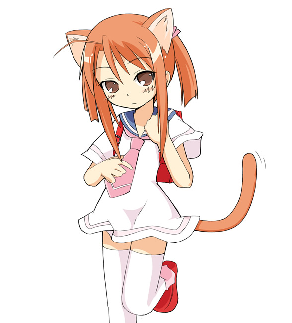 ixy, hasegawa chisame, hasegawa chisame (young), mahou sensei negima!, 00s, 1girl, aged down, animal ears, backpack, bag, cat ears, cat tail, female focus, loli, randoseru, school uniform, serafuku, solo, tail, thighhighs