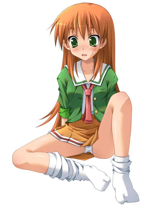 akai homura, tokimeki memorial, tokimeki memorial 2, 1girl, blazer, blouse, blush, feet, female focus, green eyes, green shirt, jacket, long hair, loose socks, miniskirt, necktie, open mouth, orange hair, panties, pantyshot, school uniform, shirt, sitting, skirt, sleeves rolled up, socks, solo, square-end necktie, sweat, underwear, upskirt, white panties