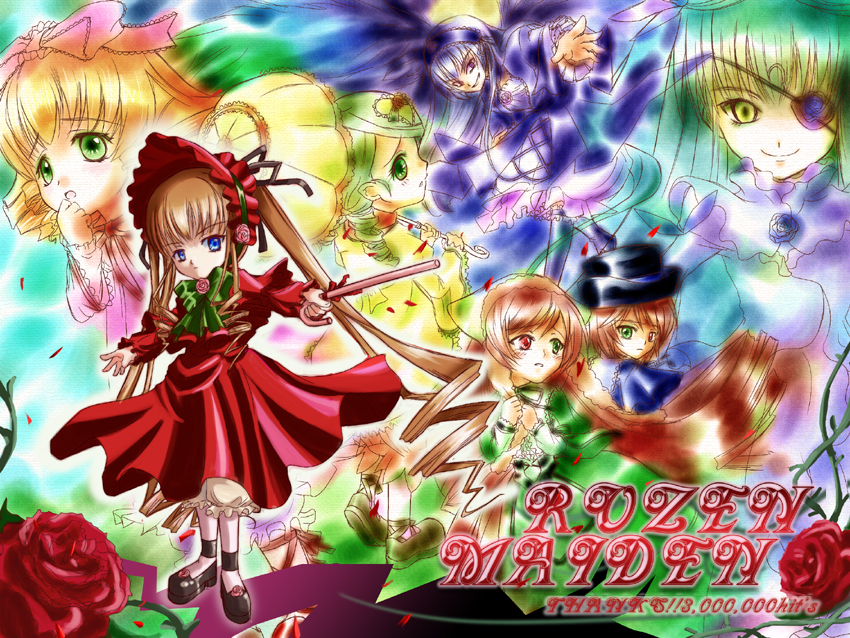 anagura mogura, barasuishou, hinaichigo, kanaria, shinku, souseiseki, suigintou, suiseiseki, rozen maiden, white legwear, 00s, 6+girls, :o, blonde hair, blue dress, blue eyes, bow, bowtie, brown hair, cane, copyright name, dress, drill hair, flower, flower eyepatch, frills, green eyes, green hair, hand to own mouth, hat, heterochromia, long sleeves, mary janes, multiple girls, own hands together, parasol, parted lips, pink bow, puffy long sleeves, puffy sleeves, purple dress, red dress, red eyes, rose, shoes, siblings, sisters, smile, standing, teeth, top hat, twin drills, twins, twintails, umbrella, yellow dress