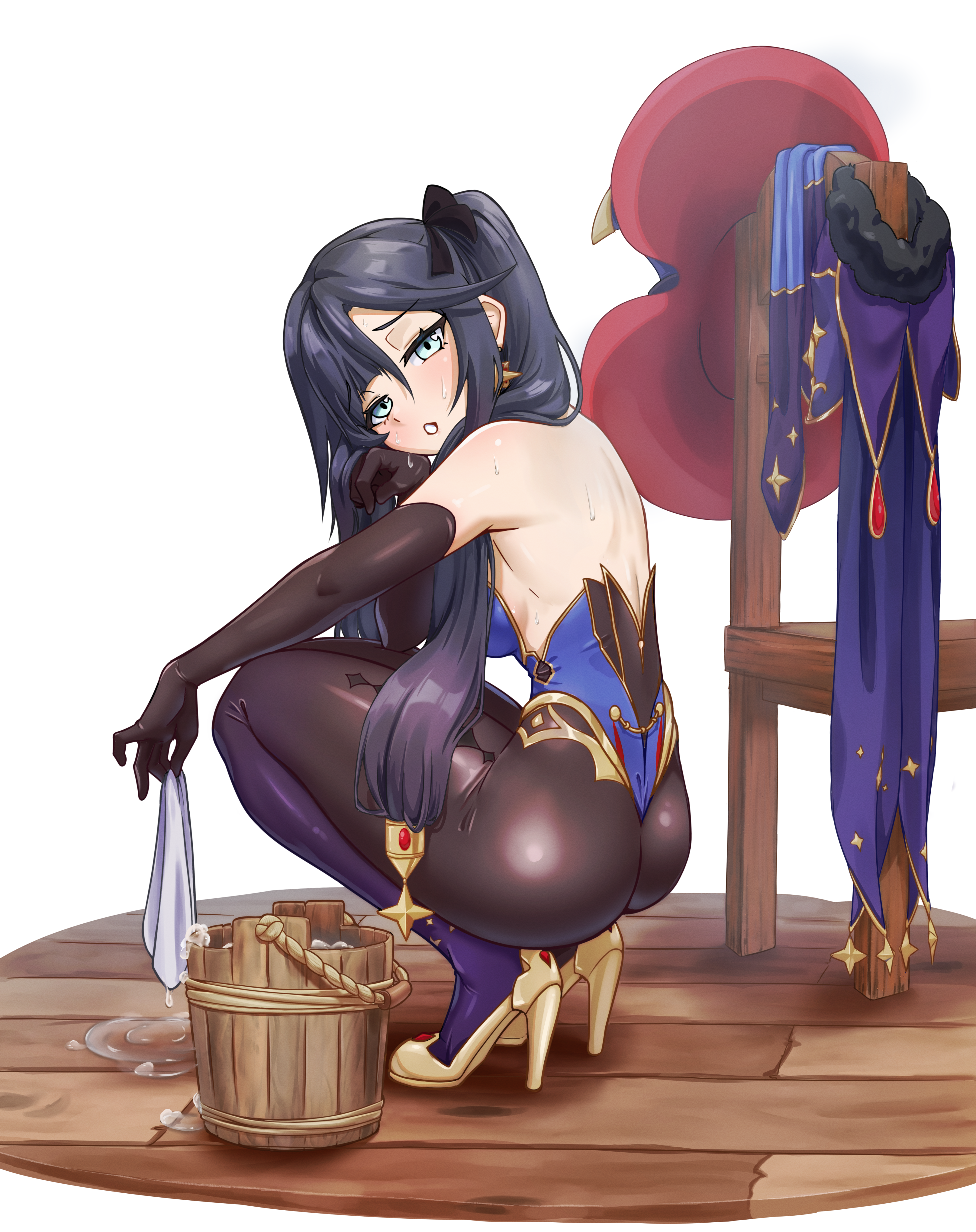zancrowkami, mona (genshin impact), genshin impact, absurdres, highres, 1girl, ass, backless leotard, black hair, blue leotard, breasts, bucket, cape, chair, earrings, elbow gloves, full body, gloves, green eyes, hat, high heels, jewelry, leotard, long hair, looking at viewer, pantyhose, parted lips, small breasts, solo, squatting, sweat, thighs, twintails, unworn cape, unworn hat, unworn headwear, very long hair, water, wet, white background, witch hat, wooden floor