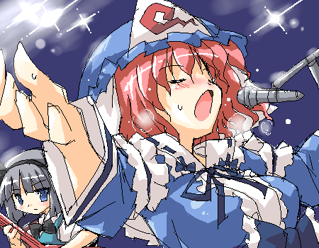 petenshi (dr. vermilion), konpaku youmu, saigyouji yuyuko, touhou, silver hair, lowres, 2girls, aqua eyes, blue background, blunt bangs, bob cut, bow, bowtie, breasts, closed eyes, dutch angle, female focus, guitar, hair bow, hairband, hat, instrument, medium breasts, microphone, microphone stand, multiple girls, music, oekaki, open mouth, outstretched arms, red hair, short hair, singing, stage lights, straight hair, triangular headpiece, upper body, veil