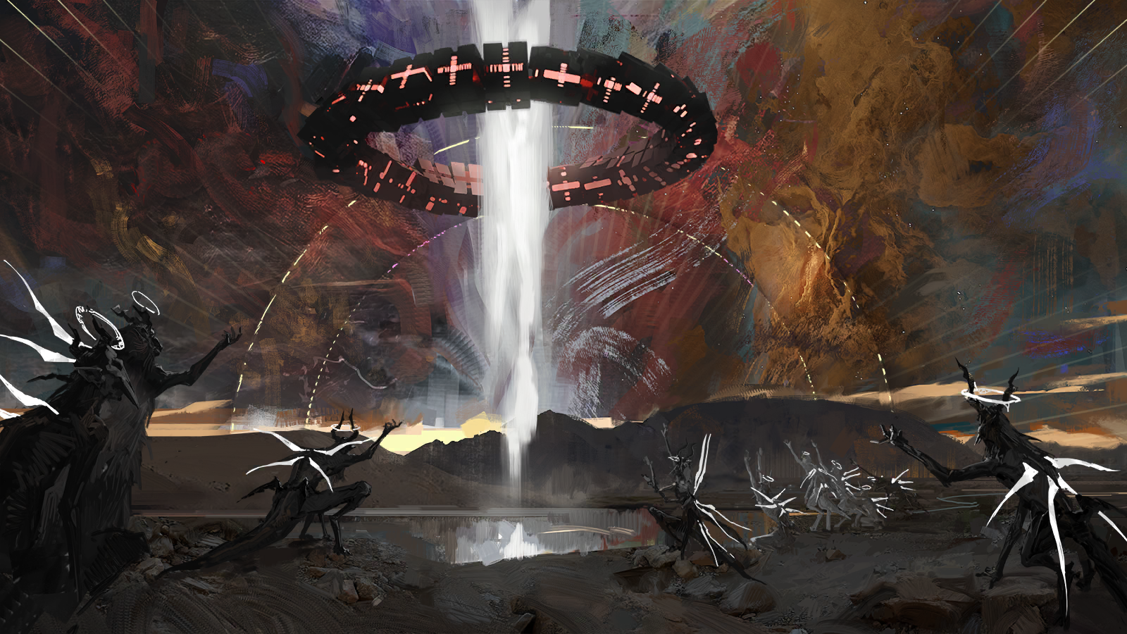 arknights, game cg, highres, official art, third-party source, cephas (arknights), cephas (teekaz) (arknights), detached wings, energy wings, halo, monster, mountain, outdoors, pcs system (arknights), sky, wings