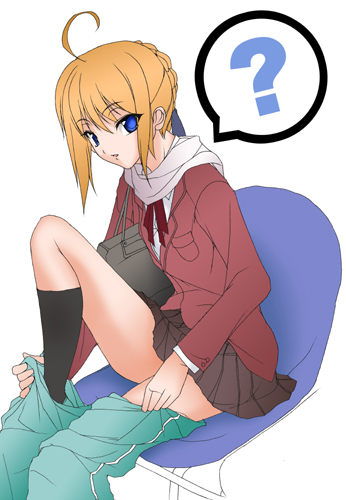 shiikeru, artoria pendragon (fate), saber (fate), fate/stay night, fate (series), lowres, 00s, 1girl, ?, ahoge, alternate costume, blazer, blonde hair, blue eyes, chair, changing, female focus, jacket, on chair, pleated skirt, scarf, school uniform, skirt, solo, spoken question mark, undressing